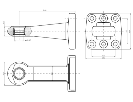 Ucho dyszla D40-C.B6.T42 – rysunek techniczny z wymiarami